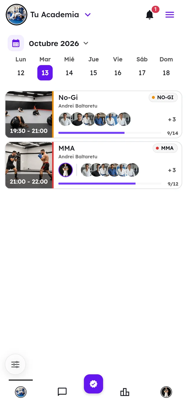 App main screen: the October week with No-Gi and MMA classes and their booked spots