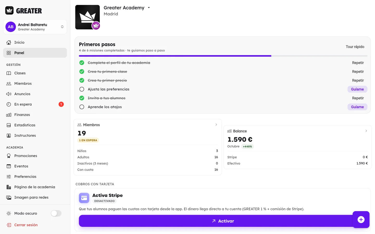 GREATER panel on a computer: first steps, members and the month’s balance of a test academy.